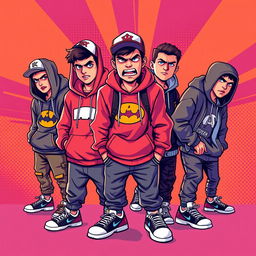 A vivid 2D illustration depicting an angry group of teenagers dressed in trendy streetwear, all portrayed in an American comic style with bold outlines and vibrant colors