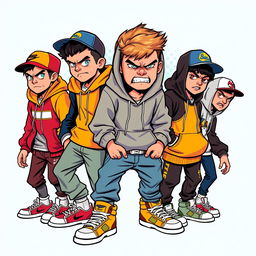 A vivid 2D illustration depicting an angry group of teenagers dressed in trendy streetwear, all portrayed in an American comic style with bold outlines and vibrant colors