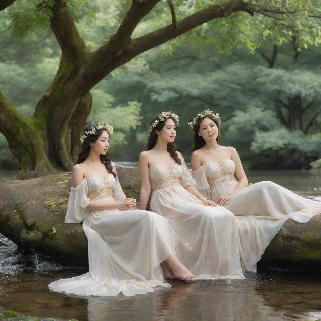 Heavenly maidens lounging under leafy trees by flowing waters, sipping on divine nectar