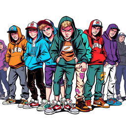 A vivid 2D illustration depicting an angry group of teenagers dressed in trendy streetwear, all portrayed in an American comic style with bold outlines and vibrant colors