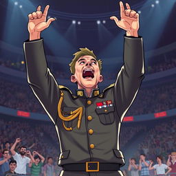 An illustration of a passionate soldier commander standing triumphantly in an arena, with hands raised high in the air, showcasing a mix of excitement and fervor