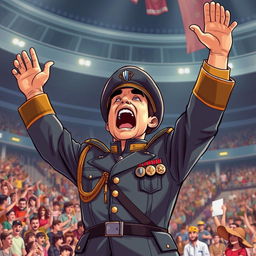 An illustration of a passionate soldier commander standing triumphantly in an arena, with hands raised high in the air, showcasing a mix of excitement and fervor