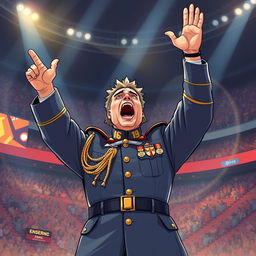 An illustration of a passionate soldier commander standing triumphantly in an arena, with hands raised high in the air, showcasing a mix of excitement and fervor