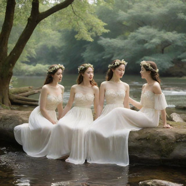 Heavenly maidens lounging under leafy trees by flowing waters, sipping on divine nectar