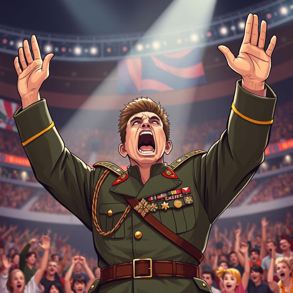 An illustration of a passionate soldier commander standing triumphantly in an arena, with hands raised high in the air, showcasing a mix of excitement and fervor