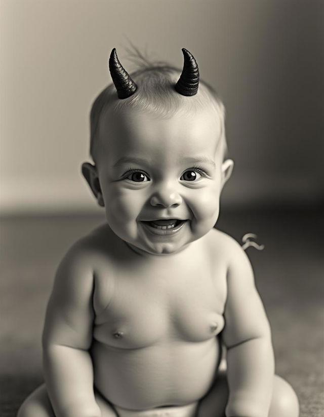 A vintage black and white photograph of a smiling baby with small, cute horns protruding from their forehead and a tiny, playful tail extending from their back