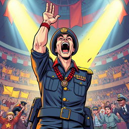 A vibrant comic book illustration of a passionate soldier commander standing in an arena, with hands raised triumphantly in the air, showcasing excitement and emotion