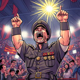 A vibrant comic book illustration of a passionate soldier commander standing in an arena, with hands raised triumphantly in the air, showcasing excitement and emotion