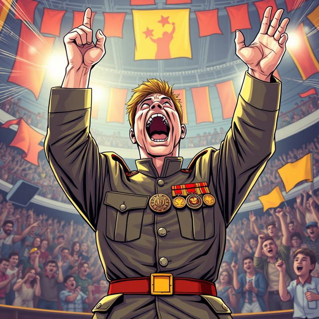 A vibrant comic book illustration of a passionate soldier commander standing in an arena, with hands raised triumphantly in the air, showcasing excitement and emotion