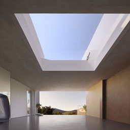 The interior of a second floor featuring an internal hallway leading to a futuristic front balcony, which opens opulently towards the vast sky.