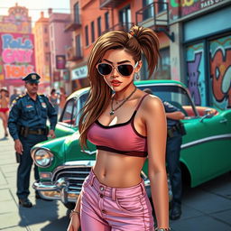 A female teenager wearing a stylish crop top and cool sunglasses, in a dramatic pose as she is confronted by police officers beside a retro classic car parked on a bustling urban street