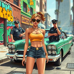 A female teenager wearing a stylish crop top and cool sunglasses, in a dramatic pose as she is confronted by police officers beside a retro classic car parked on a bustling urban street