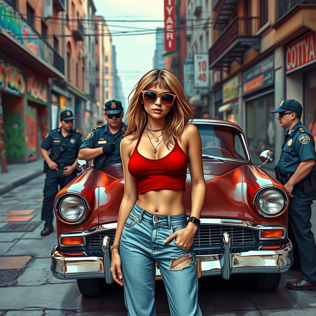 A female teenager wearing a stylish crop top and cool sunglasses, in a dramatic pose as she is confronted by police officers beside a retro classic car parked on a bustling urban street