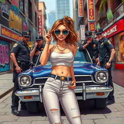 A female teenager wearing a stylish crop top and cool sunglasses, in a dramatic pose as she is confronted by police officers beside a retro classic car parked on a bustling urban street