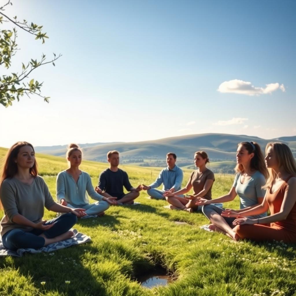 A serene and calming scene of a mediation attempt, featuring a diverse group of individuals sitting cross-legged on a soft grassy field under a clear blue sky