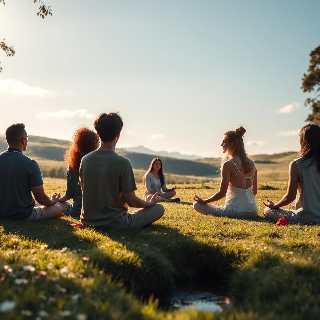 A serene and calming scene of a mediation attempt, featuring a diverse group of individuals sitting cross-legged on a soft grassy field under a clear blue sky