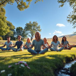 A serene and calming scene of a mediation attempt, featuring a diverse group of individuals sitting cross-legged on a soft grassy field under a clear blue sky