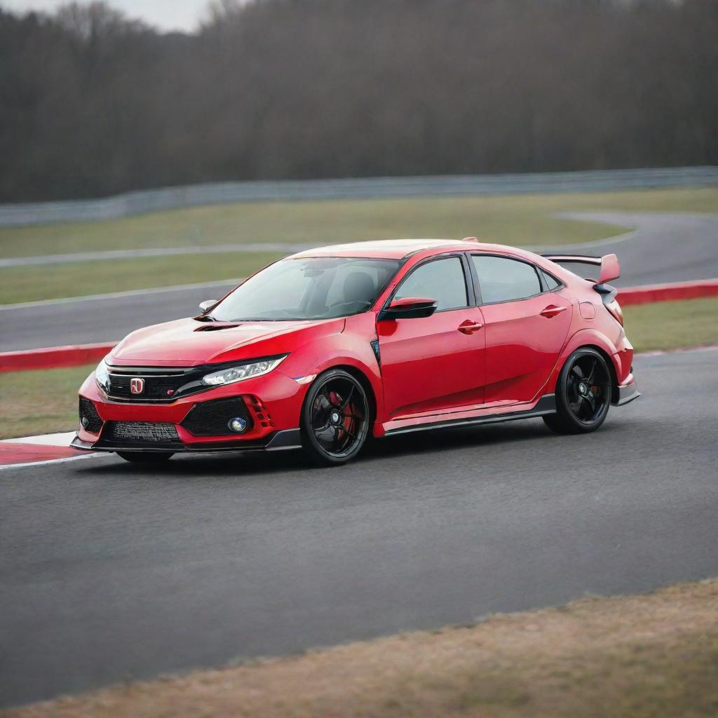 A bold, red Honda Civic Type R, showcasing its sporty design and distinctive aerodynamic features, positioned on a race track.