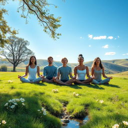 A serene and calming scene of a mediation attempt, featuring a diverse group of individuals sitting cross-legged on a soft grassy field under a clear blue sky