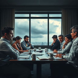 A scene depicting a mediation failure, showcasing a tense atmosphere between a diverse group of individuals sitting around a table in a conference room