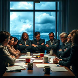 A scene depicting a mediation failure, showcasing a tense atmosphere between a diverse group of individuals sitting around a table in a conference room