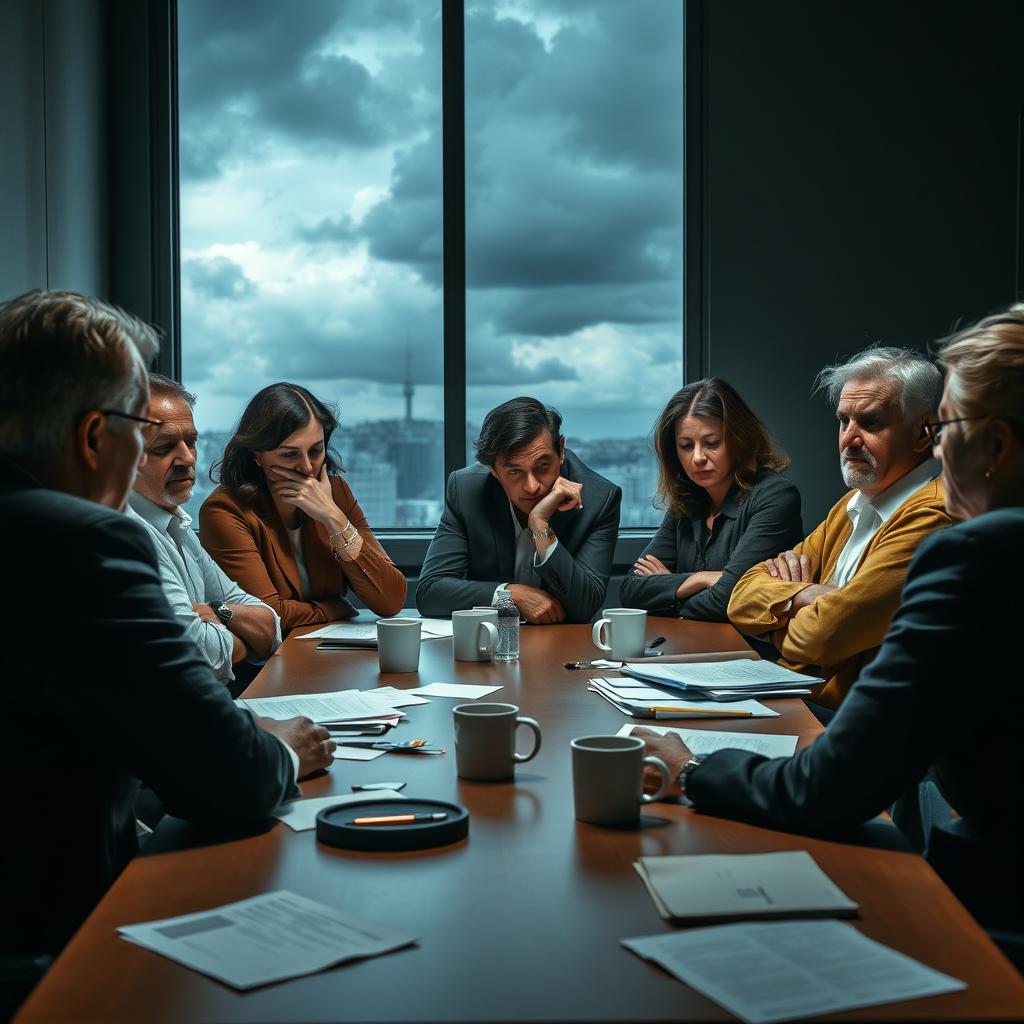 A scene depicting a mediation failure, showcasing a tense atmosphere between a diverse group of individuals sitting around a table in a conference room