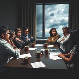 A scene depicting a mediation failure, showcasing a tense atmosphere between a diverse group of individuals sitting around a table in a conference room