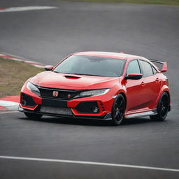 A bold, red Honda Civic Type R, showcasing its sporty design and distinctive aerodynamic features, positioned on a race track.