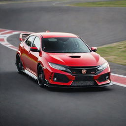 A bold, red Honda Civic Type R, showcasing its sporty design and distinctive aerodynamic features, positioned on a race track.