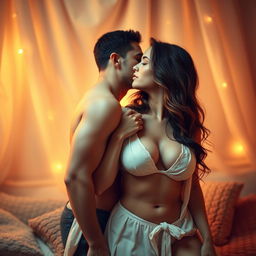 A romantic scene featuring a beautiful woman radiating sensuality, depicted in an intimate moment where she is playfully kissing her partner