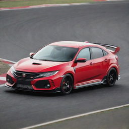 A bold, red Honda Civic Type R, showcasing its sporty design and distinctive aerodynamic features, positioned on a race track.