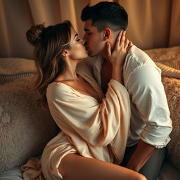 A romantic scene featuring a beautiful, confident woman radiating sensuality, engaged in a playful and intimate kiss with her partner