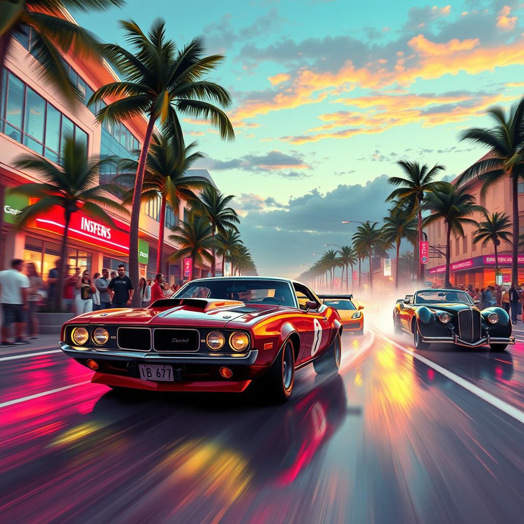 An exhilarating illustration of drag car street racing, showcasing powerful racing cars speeding down a lively Miami street