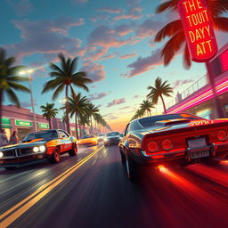 An exhilarating illustration of drag car street racing, showcasing powerful racing cars speeding down a lively Miami street