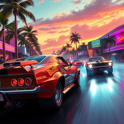 An exhilarating illustration of drag car street racing, showcasing powerful racing cars speeding down a lively Miami street