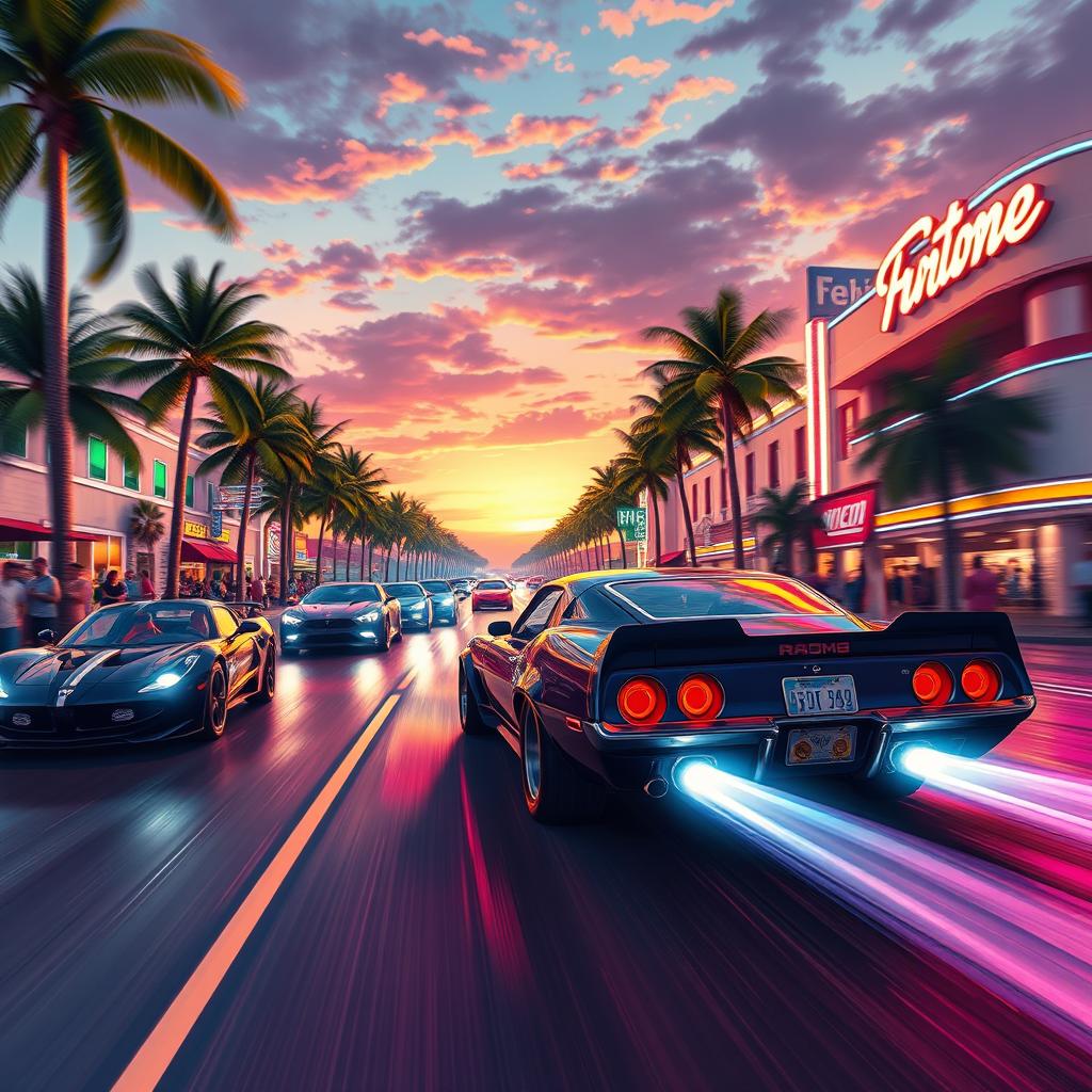 An exhilarating illustration of drag car street racing, showcasing powerful racing cars speeding down a lively Miami street