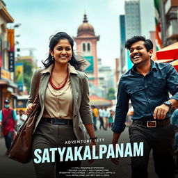 A vibrant cityscape capturing a busy Indian square that juxtaposes two characters: a woman in professional attire hurrying through her workday, embodying focus and determination, and a man laughing heartily with friends in a nearby café, radiating joy and camaraderie