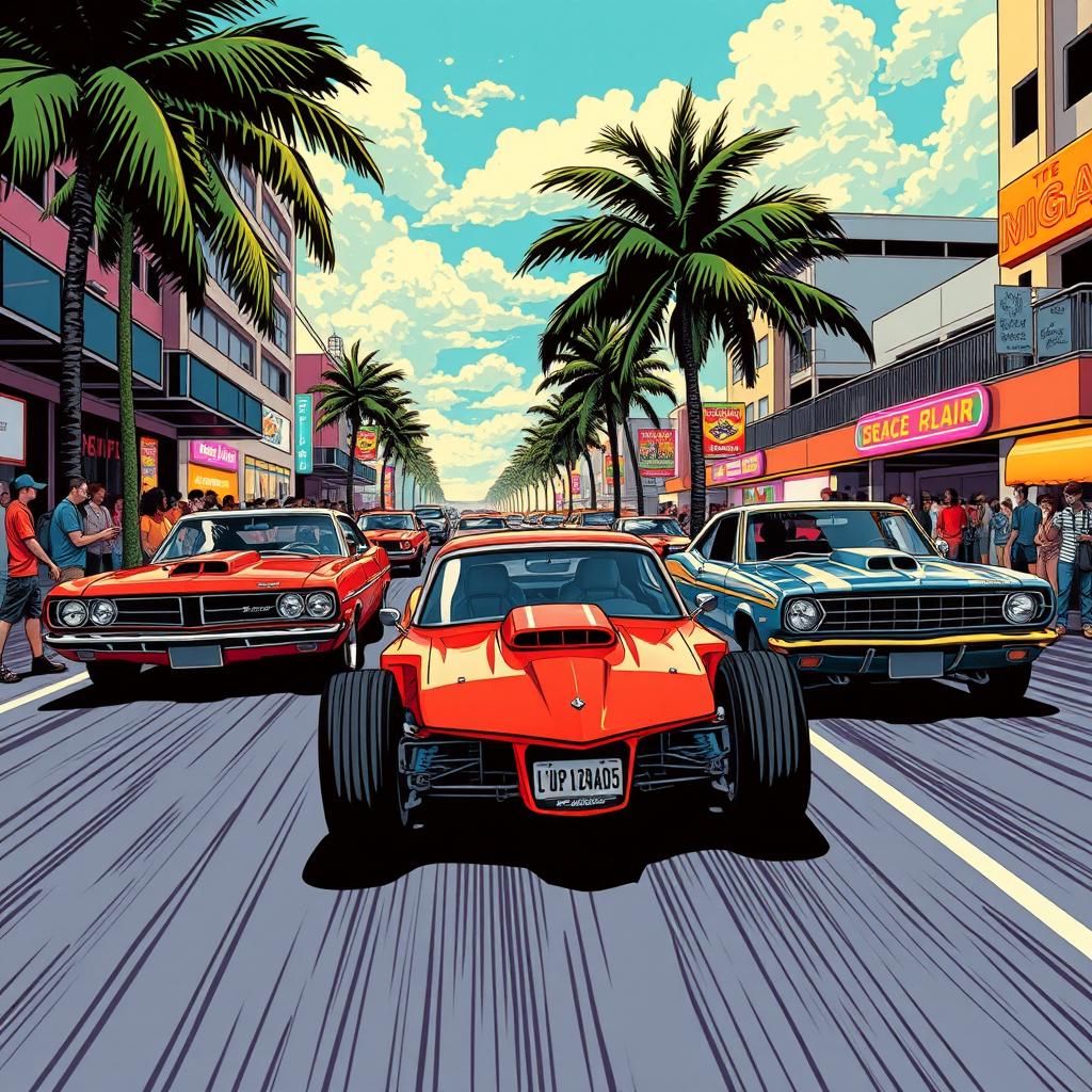 An exciting illustration of drag car street racing, featuring dynamic racing cars racing down a vibrant Miami street