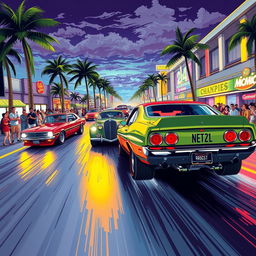 An exciting illustration of drag car street racing, featuring dynamic racing cars racing down a vibrant Miami street