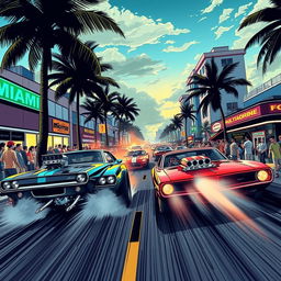 An exciting illustration of drag car street racing, featuring dynamic racing cars racing down a vibrant Miami street