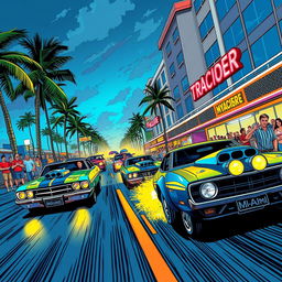 An exciting illustration of drag car street racing, featuring dynamic racing cars racing down a vibrant Miami street