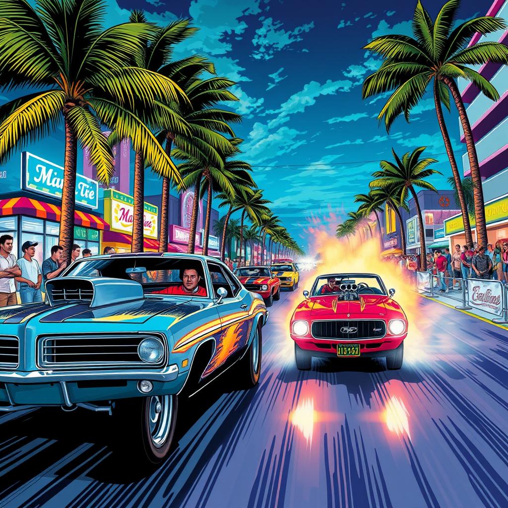 An energetic illustration of drag car street racing on a vibrant Miami street, depicted in a bold comic style