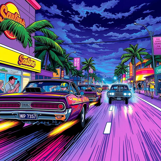 An energetic illustration of drag car street racing on a vibrant Miami street, depicted in a bold comic style