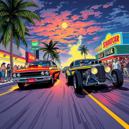 An energetic illustration of drag car street racing on a vibrant Miami street, depicted in a bold comic style