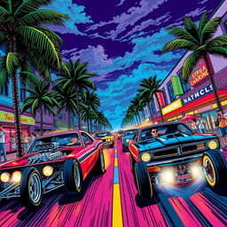 An energetic illustration of drag car street racing on a vibrant Miami street, depicted in a bold comic style