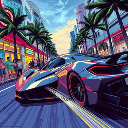 A thrilling illustration of a hyper car in street racing, depicted with high-energy comic style in a bustling Miami street