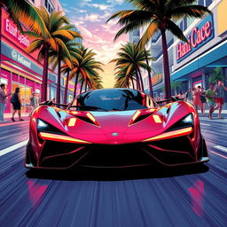 A thrilling illustration of a hyper car in street racing, depicted with high-energy comic style in a bustling Miami street