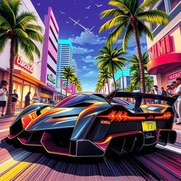 A thrilling illustration of a hyper car in street racing, depicted with high-energy comic style in a bustling Miami street