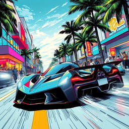 A thrilling illustration of a hyper car in street racing, depicted with high-energy comic style in a bustling Miami street