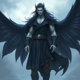 A tall, imposing figure with a lean but muscular build, skin pale with a faint bluish hue hinting at a connection to the sky and storms